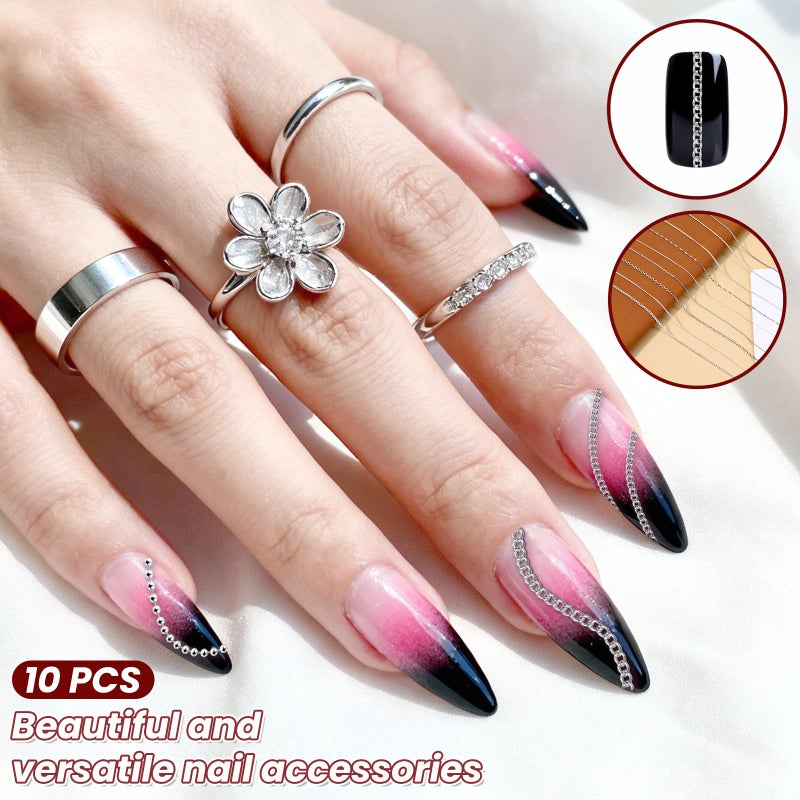 Aeaocvo 9 Strips Silver Nail Chains with Dual-Head Tweezer, 3D Chain Nails Charms for DIY Nail Art Decoration, DIY Making Manicure Jewelry - Image 3